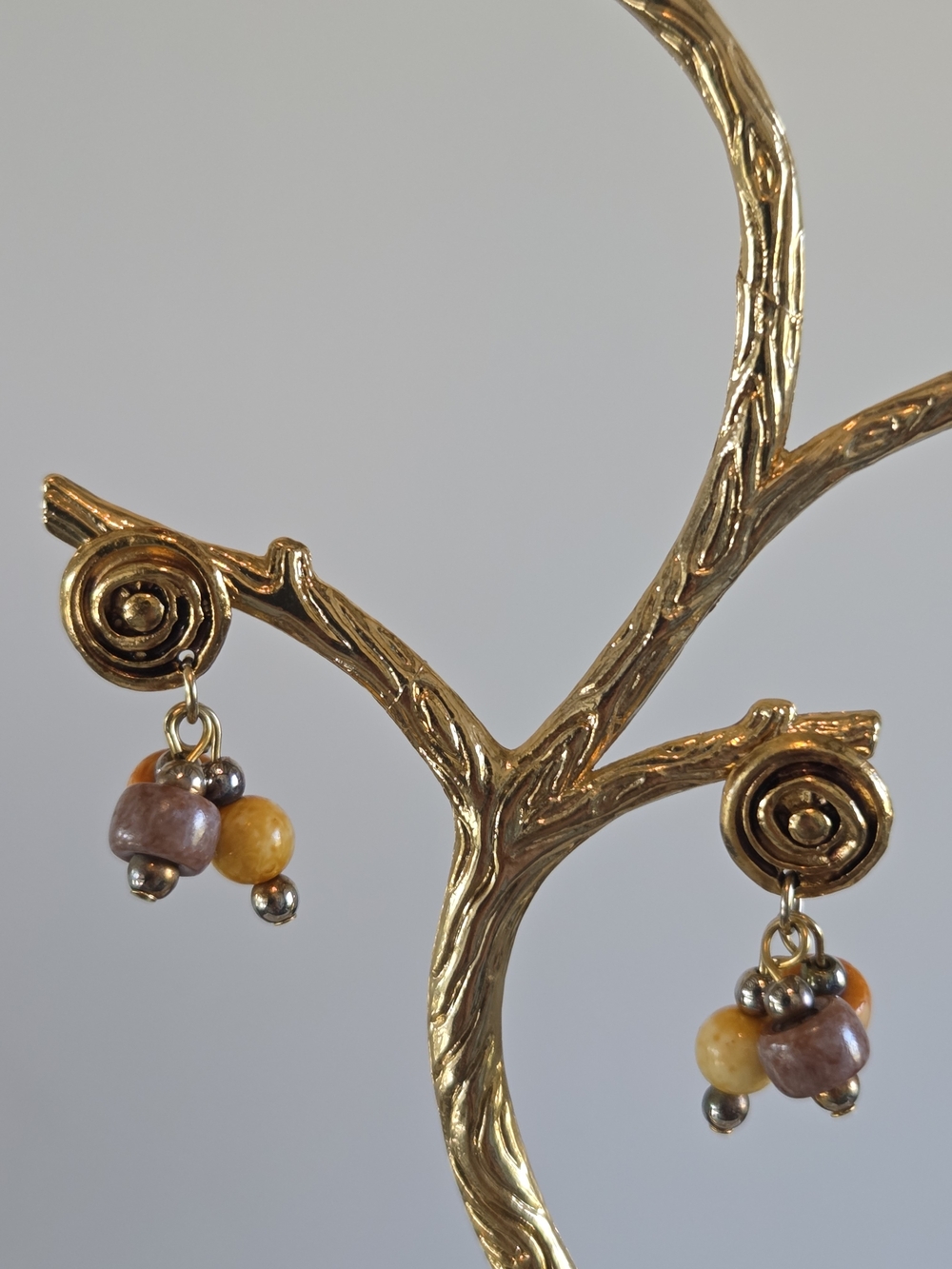 Handcrafted Gold-Tone Cluster Bead Drop Earrings - Yellow & Mauve
